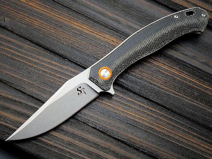 Sitivien ST112 Folding Knife, D2 Blade and Micarta Handle EDC Tool Knife with Pocket Clip for Outdoor Camping Hiking Survival(Black)