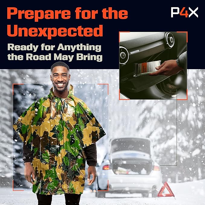 PREPARED4X Emergency Poncho and Mylar Blanket Liner - Waterproof, Wind-Resistant Outdoor Rain Poncho for Camping, Emergencies