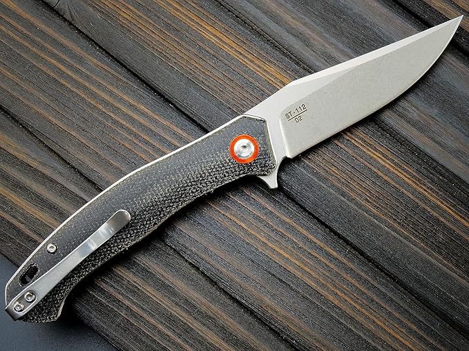 Sitivien ST112 Folding Knife, D2 Blade and Micarta Handle EDC Tool Knife with Pocket Clip for Outdoor Camping Hiking Survival(Black)