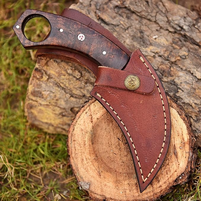Crafted Folding Design Damascus steal Hunting Knife - Fixed Blade knife Rosewood Handle with Leather Sheath - Ideal for Skinning Camping Outdoors