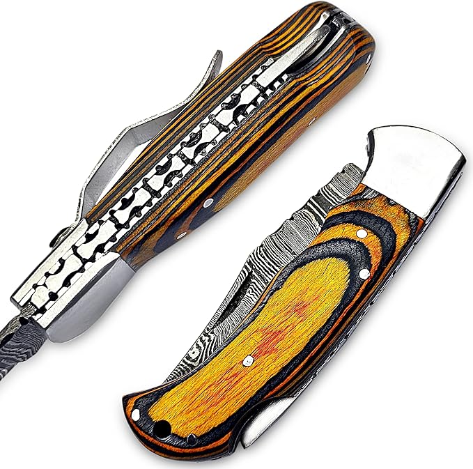 6.5 inch Damascus Pocket Knife with Sheath, Handmade Folding Pocket Knife for Men, Black-Red Wooden Handle with Brass Bolster, Secure Lock Back Camping Knife for EDC,Hunting,Hiking (Yellow)