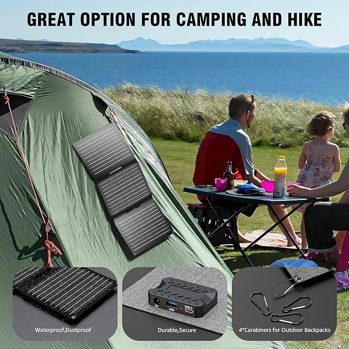Portable Solar Panel Charger 22W, ZeroKor Foldable Solar Panel Kit with DC USB C USB A Out for Phone Pad Power Bank Smart Device, High Efficiency Waterproof Panel for Camping Backpacking Hiking