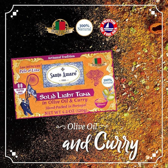 Santo Amaro - Artisanal Wild Tuna Fillets in Olive Oil & Turmeric Curry, Pole and Line Caught from Portugal, Hand-Packed Goa-Style Natural Canned Tuna, 22g Protein, Keto, 124 Cal, Low Mercury, Pack of 3