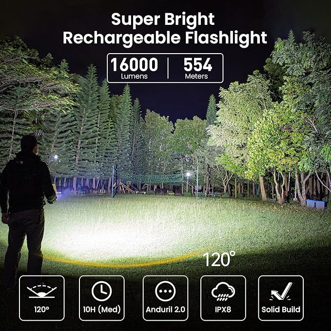 sofirn Q8 Plus Super Bright Flashlight max 16000 Lumens, Rechargeable Powerful Flashlight with High Powered 6* LED, Anduril 2 UI, Ultra-Long Runtime for Camping, Searching, Survival, Emergency