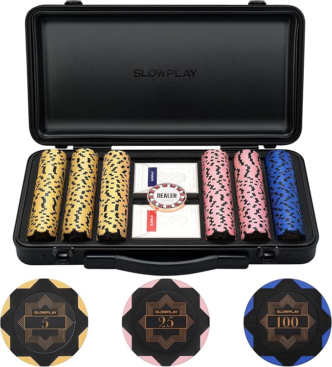 SLOWPLAY Nash 14g Clay Poker Chip Set Black Gold Edition??300PCS Core Set for Texas Hold?™em | Numbered Chips: 5, 25, 100 | Premium Case with Durable German Polycarbonate Shell