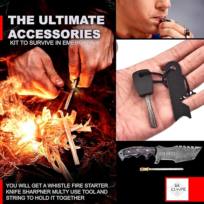 KIMPE 10.5?™â€?Damascus Hunting Knife with Leather Sheath-Fixed Blade EDC Knife-Bushcraft Knives-Wood Handle-Best Camping & Survival Knives-Knives for Men. (Pakka-Grey)
