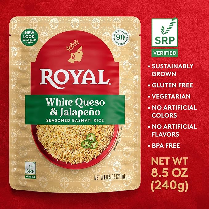 Royal White Queso & Jalapeno Basmati Rice - Ready to Heat Basmati Rice - (4 Pack) 8.5 oz Microwaveable Pouch