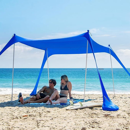 AMMSUN Beach Tent Portable Sun Shelter,9X 9ft Beach Canopy Easy Setup, 9'x9'Lycra Sun Shelter with UPF50+ Protection 4 Sand Bags & 4 Aluminum Poles for Family at The Beach, Camping & Outdoor