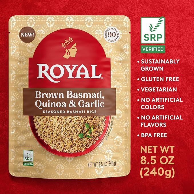 Royal Basmati Brown Rice with Quinoa and Garlic - Ready to Heat Basmati Rice - (6 Pack) 8.5 oz Microwaveable Pouch