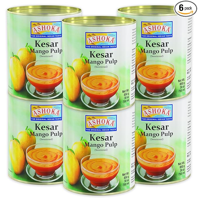 Ashoka Premium Mango Puree, Sweetened Kesar Mango Pulp, Great for Smoothies, Juices, Baking, and Eating as Whole, Rich Mango Concentrate from India, Kosher Certified, 30 Ounce (Pack of 6)