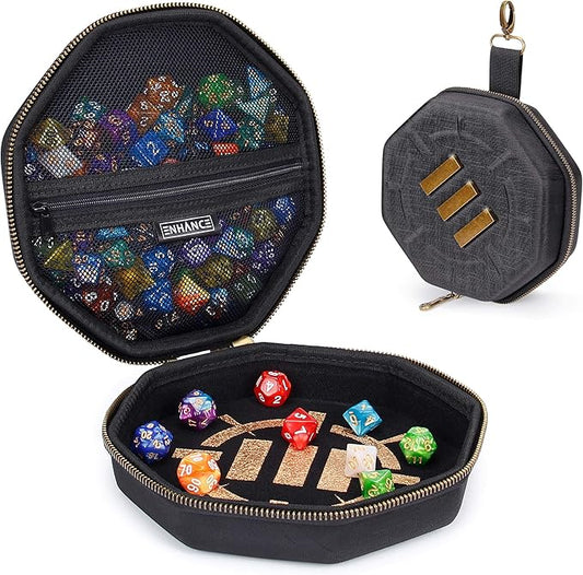ENHANCE DND Dice Tray and Case - DND Dice Holder for up to 150 D&D Dice with Rugged Hard Shell Exterior and Protective Soft Interior - Rolling Tray Perfect for Game Night (Black)