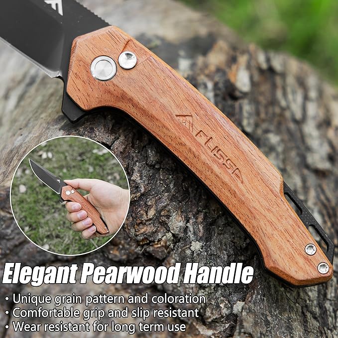 FLISSA Pocket Folding Knife, 3.2??D2 Blade Wood Handle EDC Knife with Button Lock and Pocket Clip for Hiking, Camping, Outdoor Activities