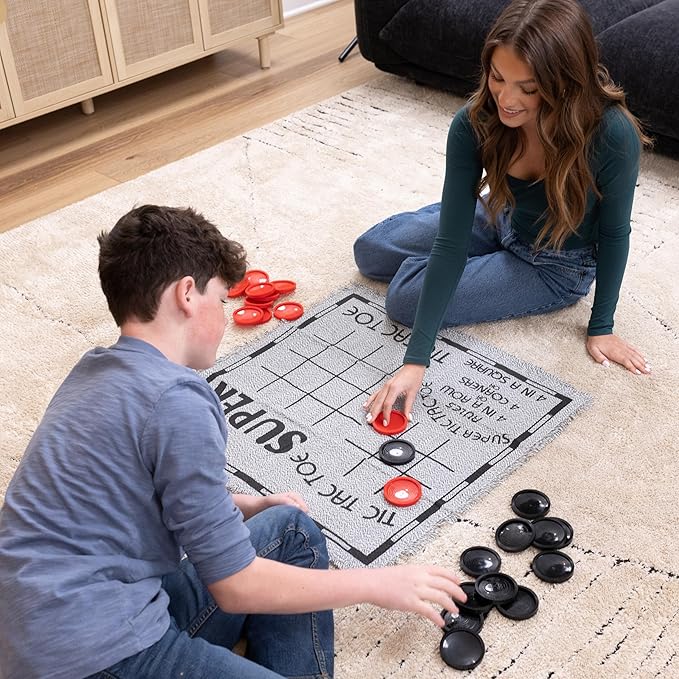 3-in-1 Vintage Giant Checkers Set, Tic Tac Toe with Reversible Mat, 24 Jumbo Chips, Family Board Game, Lawn Game, BBQ Party Favor, Indoor and Outdoor Activity for Kids and Adults