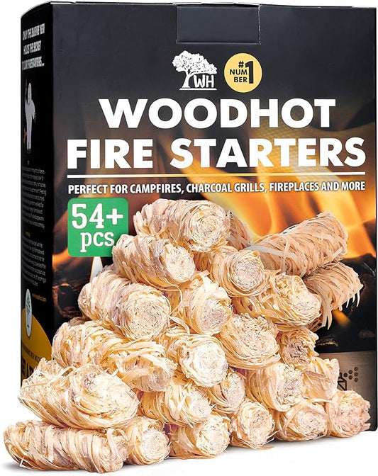 WH 54+ Pack Natural Fire Starters for Campfires & Grill - Long-Burning Charcoal Starters - Odorless Firestarters for Outdoor Fire Pit, Fireplace - Quick Ignite