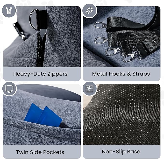 Cozy Dog Car Seat for Medium Dogs, Soft Dog Bed for Car, Safety Travel Bed & Portable Pet Carrier, Removable & Washable with Storage Pockets, Clip-On Safety Belt
