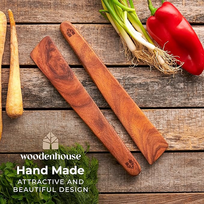 Wooden Spatula for Cooking ??12 Inch Teak Spatula Turner & Flipper for Cast Iron, Flat Egg & Pancake Scraper ??Set of 2 Utensils by Woodenhouse