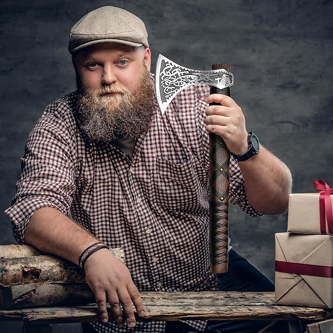SHINY CRAFTS-Norse Viking Axe Wedding Gifts Camping Axe Berserker Axes-Handmade Viking Pizza Axe Authentic Medieval Pizza Cutter Axe with Carved Handle & Leather Sheath (VBA-27-A)