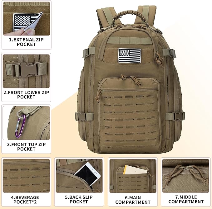 30L Hiking Backpack Lightweight Outdoor Daypack Camping Backpack Outdoor Travel Daypack Day Pack for Man Woman (Khaki)