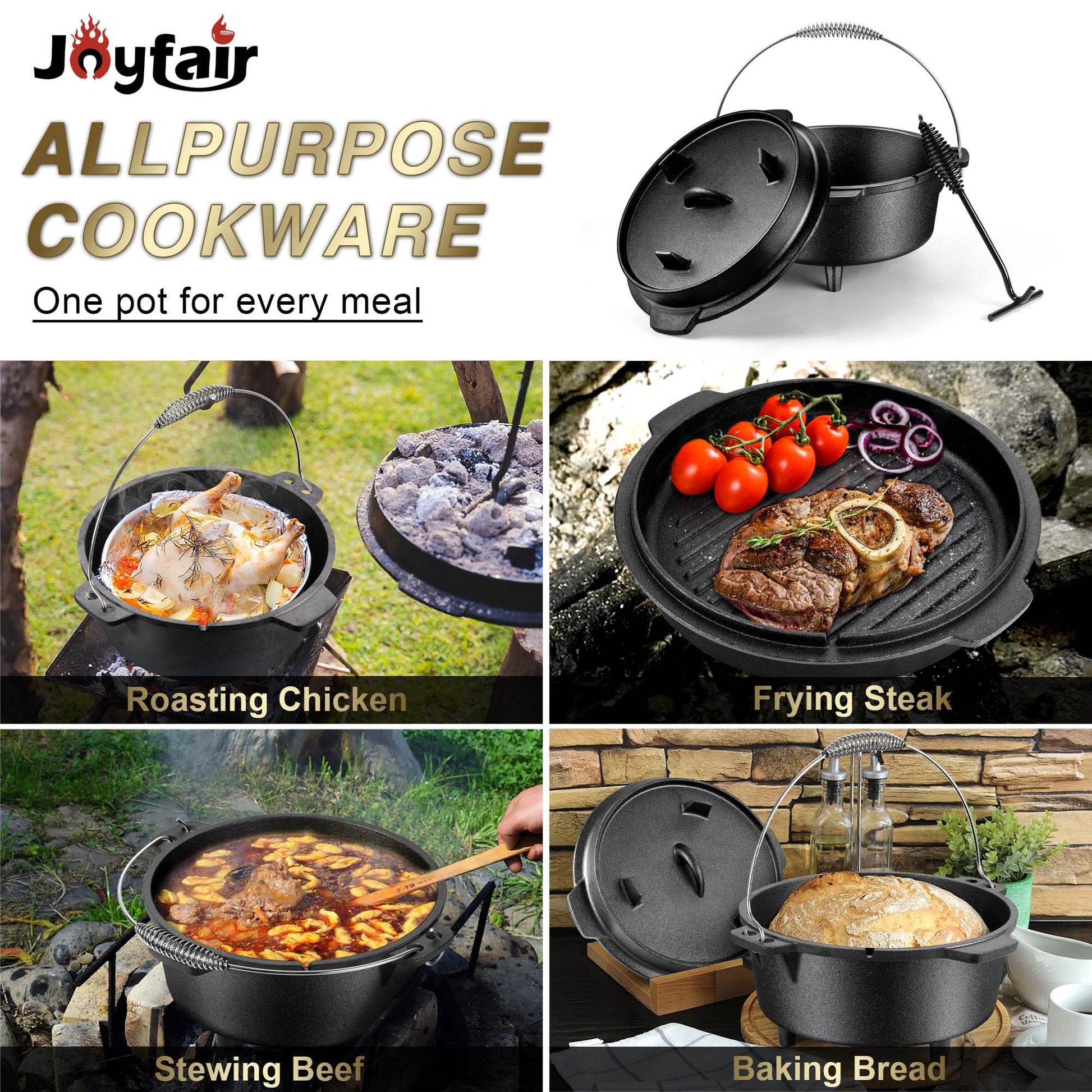 Joyfair Pre-seasoned Cast Iron Camp Dutch Oven with Accessories, 5QT Pot