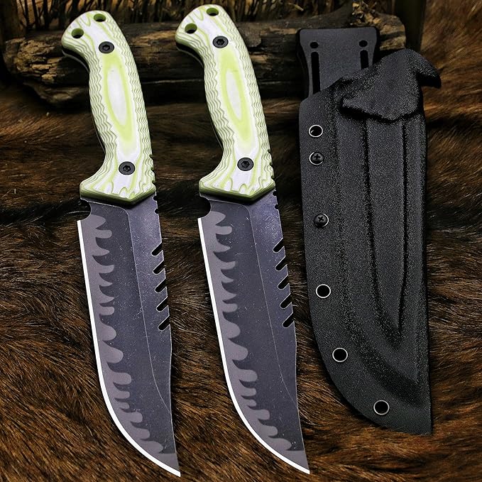 BA-KOR 12.4in Full Tang Fixed Blade Hunting Knife ??6mm 9CR18MoV Steel, G10 Handle, Stonewashed Sawback Blade with Kydex Sheath & Fire Starter for Outdoor, Camping, Survival (White with light green stripes)