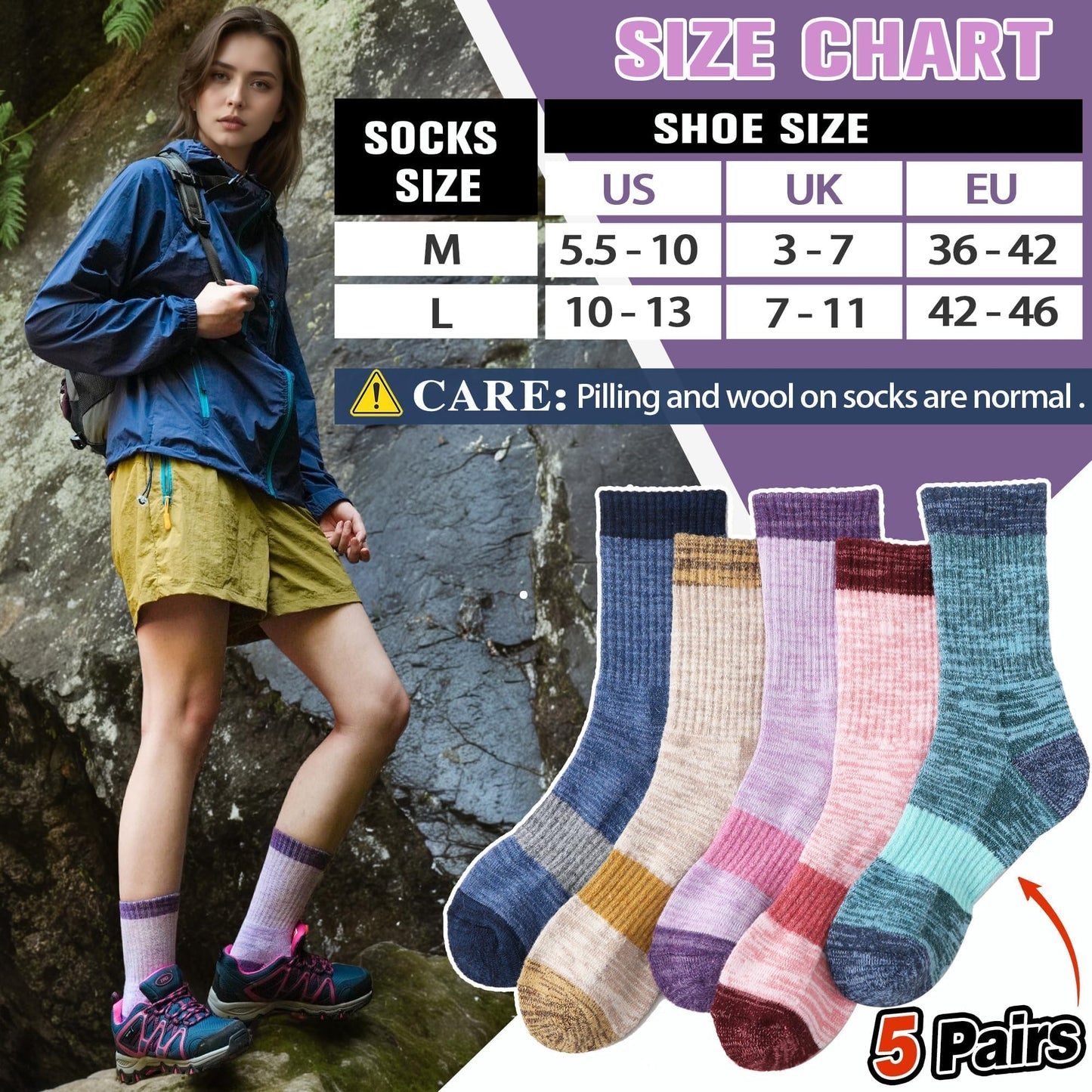 SAVALOS Merino Wool Hiking Socks for Women Thermal Warm Winter Cozy Work Crew Gifts Socks 5 Pairs