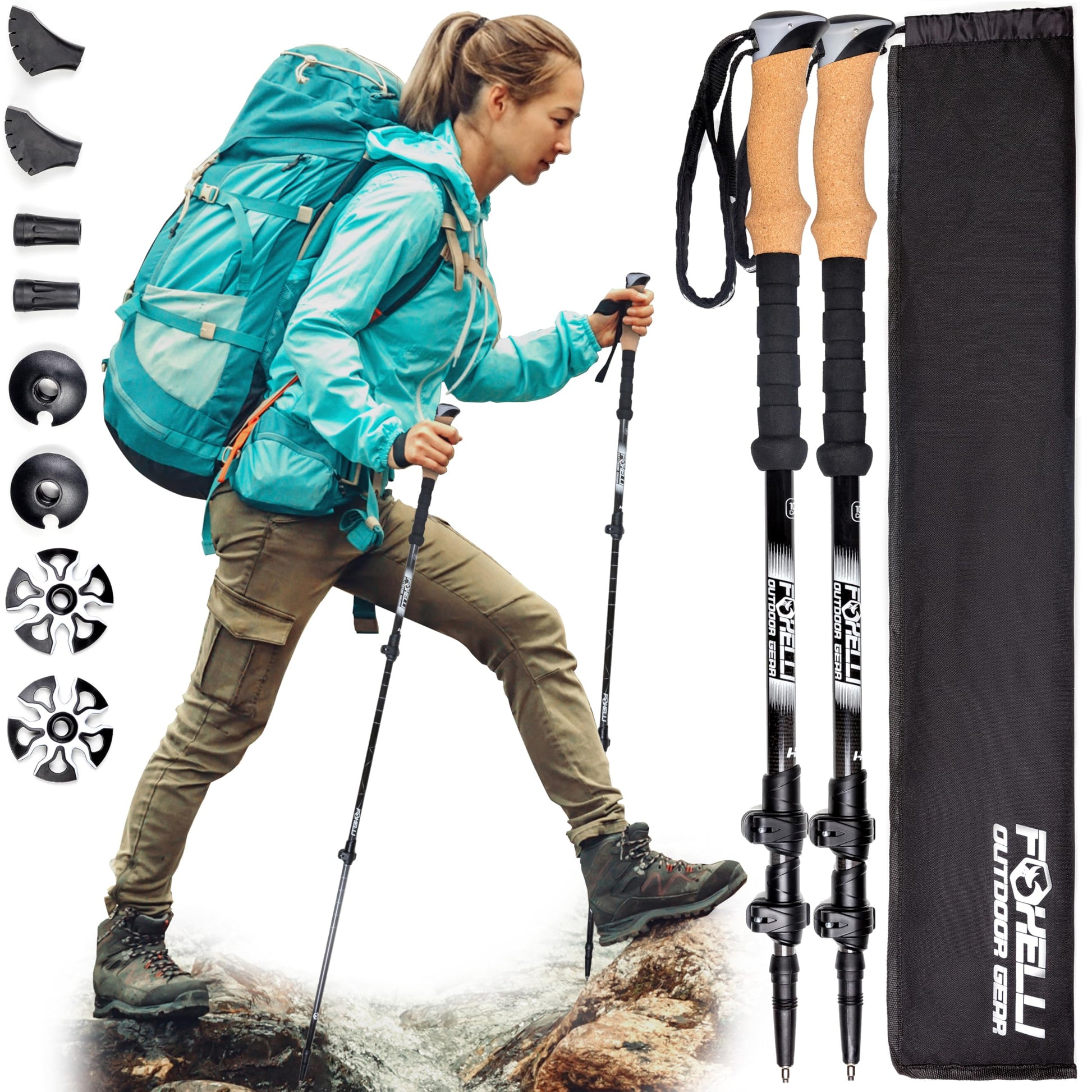 Foxelli Carbon Fiber Trekking Poles – Lightweight Collapsible Hiking Poles with Cork Grips, Quick