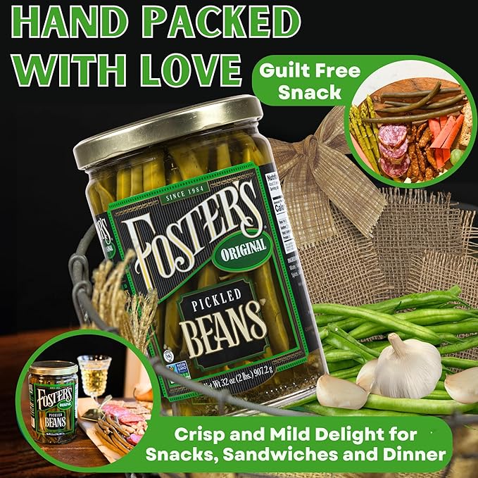 Foster's Pickled Green Beans in a Jar, Original, 32oz, 2 Pack, Traditional Pickled Vegetables Recipe for over 40 years, Low Calorie Snack, Gluten Free, Fat and Preservative Free Pickles