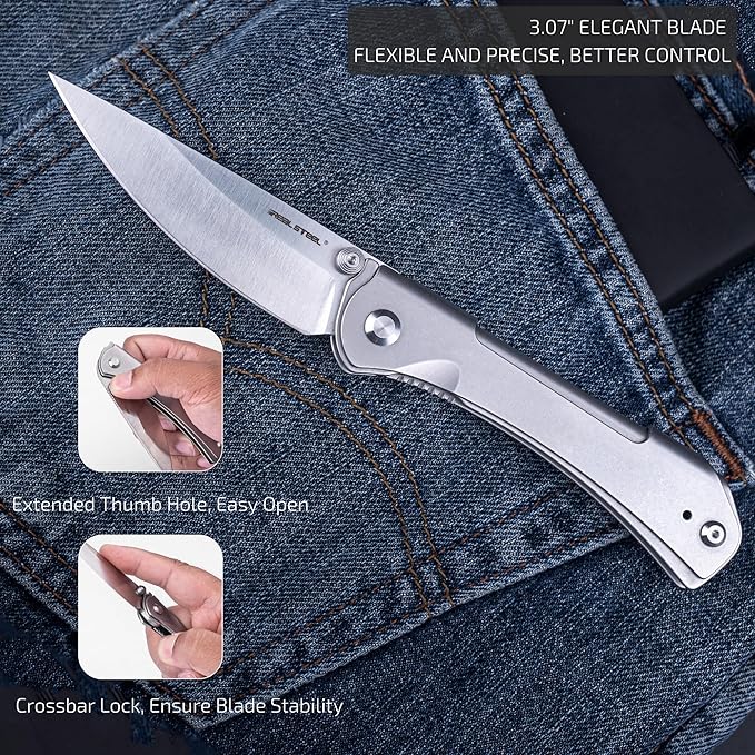 REALSTEEL SYLPH Folding Pocket Knife, Liner Lock, 3.07" Nitro-V Steel Satin Plain Blade, Thumb Stud, Double Bending Steel Handle, 3.35oz, Deep-carry Pocket Clip, EDC Outdoor Indoor, Gifts for Men Women Camping Hiking Climbing (Silver)