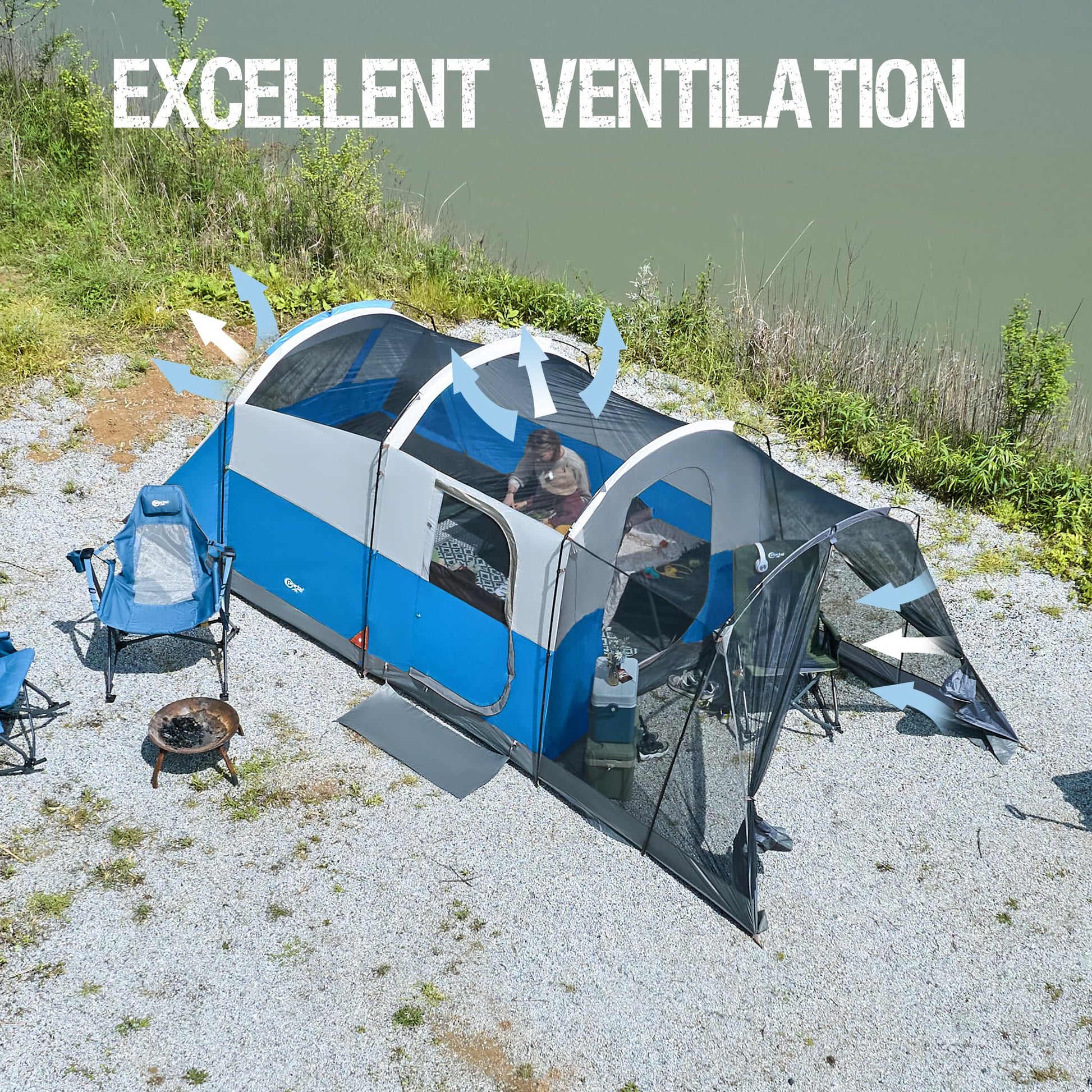 Portal 8 Person Family Camping Tent with Screen Porch, Weather Resistant Tunnel Tent with Rainfly