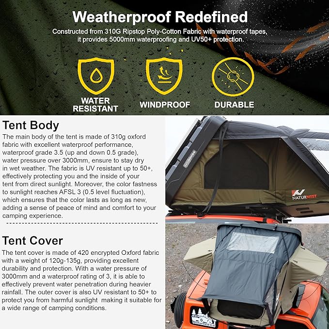 Naturnest Sirius1plus Hardshell Rooftop Tent with 2 Luggage Racks and Skyview Window, Aluminium Roof Top Tent with 3-Color LED Lights and Internal USB Plug for Jeeps, SUVs and Trucks, 2-3 Person