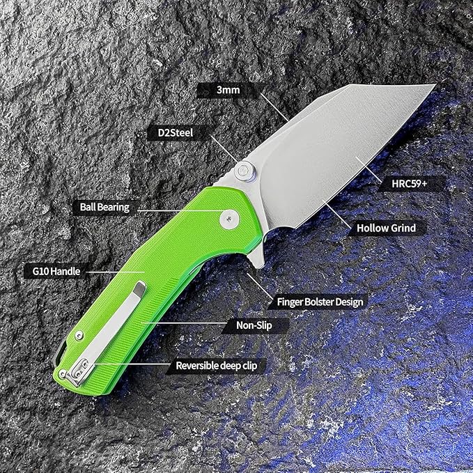 ioko Folding Pocket Knife, 3.5-Inch D2 Steel Blade, G10 Handle, EDC Camping Survival Knife with Clip (Green)