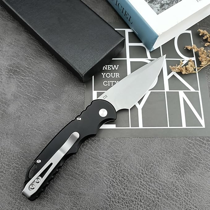 HUAAO 7.5??Assisted Opening Push Button Folding Pocket Knife, 2.8??D2 Blade Aluminum Alloy Handles with Pocket Clip and Lanyard Loop for EDC