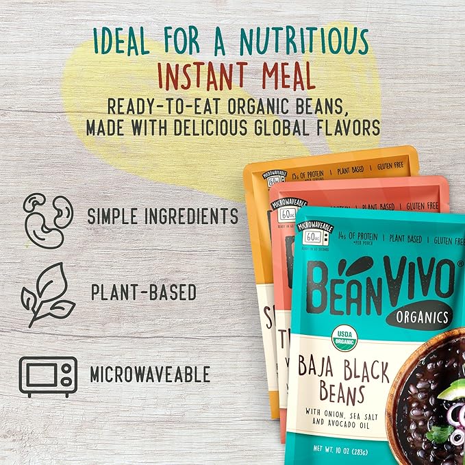 BeanVIVO - Variety 3 Pack (10 oz each) - Organic Baja Black Beans, Three Bean Vegan Chili, BBQ Pinto Beans - Seasoned & Ready to Eat, Plant Protein, Vegan, Gluten Free, Microwaveable, Instant Meals