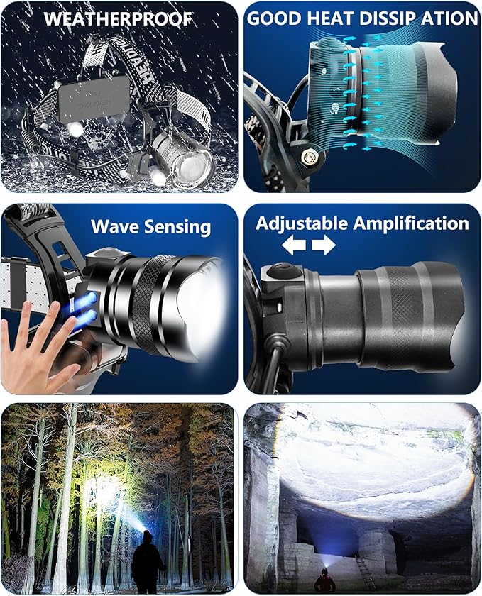Headlamp Rechargeable -120000LM Super Bright HeadLamp, 3Modes 40H Runtime LED Headlamp, Waterproof HeadLights for Forehead, 90° Adjustable & Zoomable Headlamps for Adults Camping Hiking Fishing