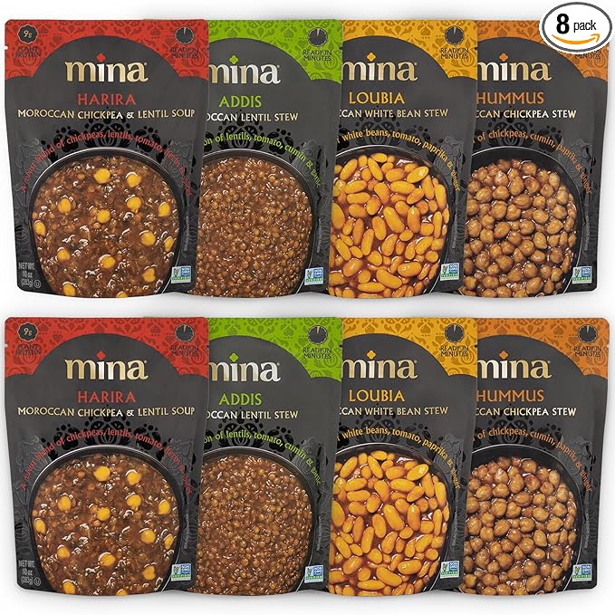 Mina Moroccan Lentils, Chickpeas, White Beans & Harira - Healthy Snacks Variety Pack of 8 (10 oz), Lentils Ready to Eat, Vegan Protein, Gluten-Free Instant Food, Microwave Meals, Non-GMO, Kosher