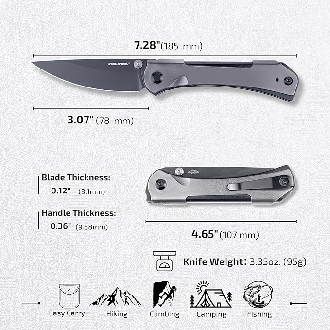 REALSTEEL SYLPH Folding Pocket Knife, Liner Lock, 3.07" Nitro-V Steel Black PVD Blade, Thumb Stud, Double Bending Steel Handle, 3.35oz, Deep-carry Pocket Clip, EDC Outdoor Indoor, Gifts for Men Women Camping Hiking Climbing (Gray Black)