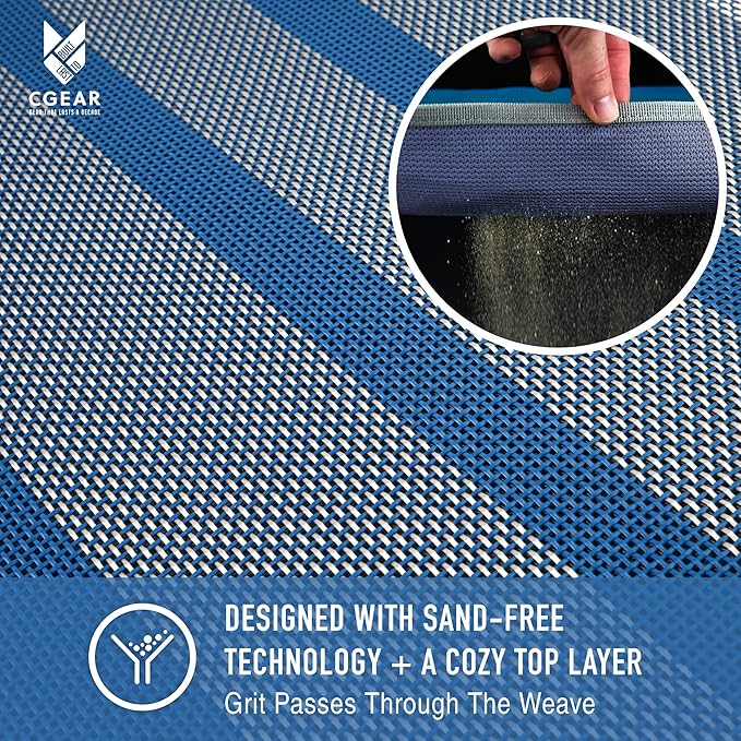 CGEAR RV Comfort Mat – Patented Sand-Free Technology with Ultra Soft Material – Sized to Your RV, Campsite, Beach House – Great Outdoor Patio Rug for RV and Camping (Navy Dynamic Stripe, 8' x 11')