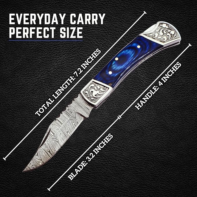 Handmade Damascus Pocket Knife for Men - 7.2 Inches Engraved Steel Damascus Folding Pocket Knife with Belt Holster - Pocket Knives & Folding Knives with Sheath & Back Lock - EDC Knife Pocket.(Blue)