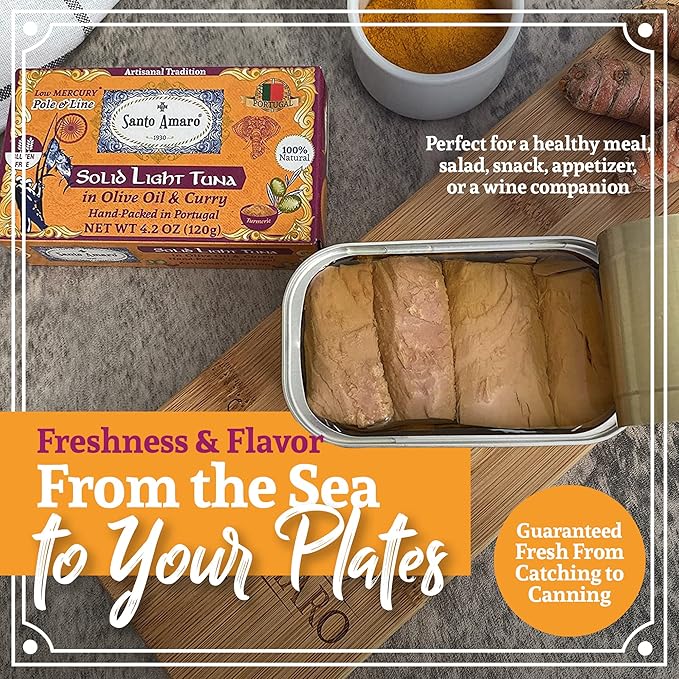 Santo Amaro - Artisanal Wild Tuna Fillets in Olive Oil & Turmeric Curry, Pole and Line Caught from Portugal, Hand-Packed Goa-Style Natural Canned Tuna, 22g Protein, Keto, 124 Cal, Low Mercury, Pack of 3