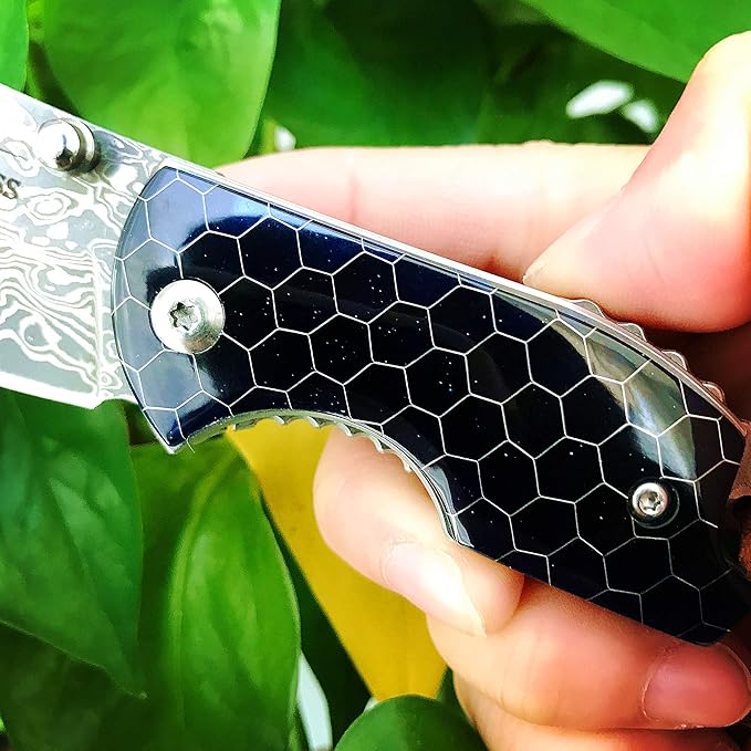 ALBATROSS Mini EDC Folding Pocket Knife - 1.75" Damascus Steel Blade, Blue Resin Handle with Aluminum Honeycomb Pattern, Tactical Camping Knife with Gift Box - HGDK022