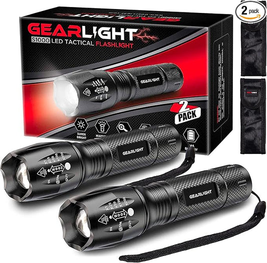 GearLight LED Flashlights - Mini Camping Flashlights with High Lumens, 5 Modes, Zoomable Beam - Bright and Versatile Flash Light for Outdoor and Home Use - S1000-2 Pack, (Batteries Not Included)