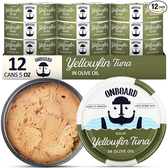 ONBOARD Premium Yellowfin Tuna in Olive Oil - 12 Pack Solid Light 5 Oz Cans Sustainably Wild Caught Canned Tuna, Non GMO, Gluten Free, Tinned Fish 24g Protein - Ingredient Rich Fish for Salad and Recipes