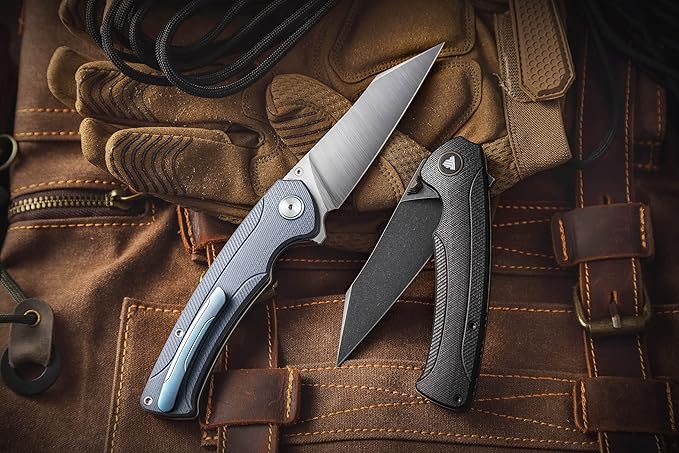 Folding Pocket Knife for EDC Men,3.66" Ti Stonewash S35VN Steel Blade Outdoor Camping Survival Hiking Knife with Ti Thumb Studs and Flipper Opener & Ball Bearing Pivot,Lynx-03B