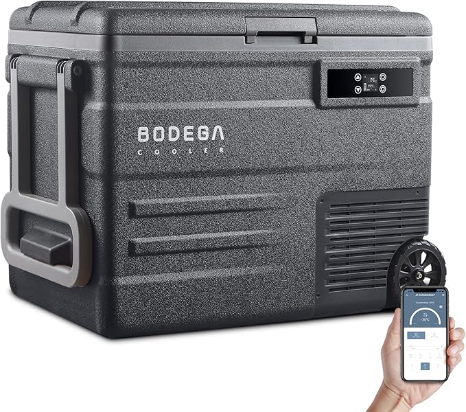 BODEGACOOLER 12 Volt Car Refrigerator,58QT(55L) Car Fridge with Wheels,RV Portable Freezer Single Zone,with APP Control,-4℉-68℉ Car Cooler,12/24V DC & 100-240V AC,for Travel,Camping,Outdoor,Vehicles