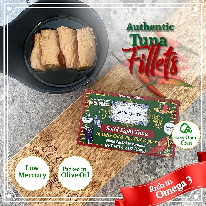 Santo Amaro - Artisanal Wild Tuna Fillets in Olive Oil & Red Piri Piri Pepper, Pole & Line Caught Tuna from Portugal, Hand-Packed Beira-Style Canned Tuna Fish, 22g Protein Keto, Low Mercury, Pack of 6