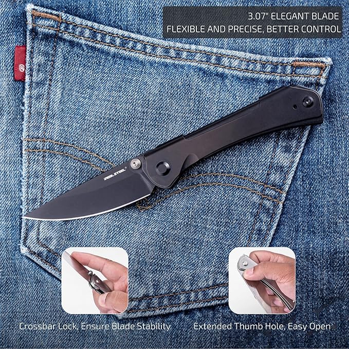 REALSTEEL SYLPH Folding Pocket Knife, Liner Lock, 3.07" Nitro-V Steel Black PVD Blade, Thumb Stud, Double Bending Steel Handle, 3.35oz, Deep-carry Pocket Clip, EDC Outdo Indoor, Gifts for Men Women Camping Hiking Climbing (Full Black)