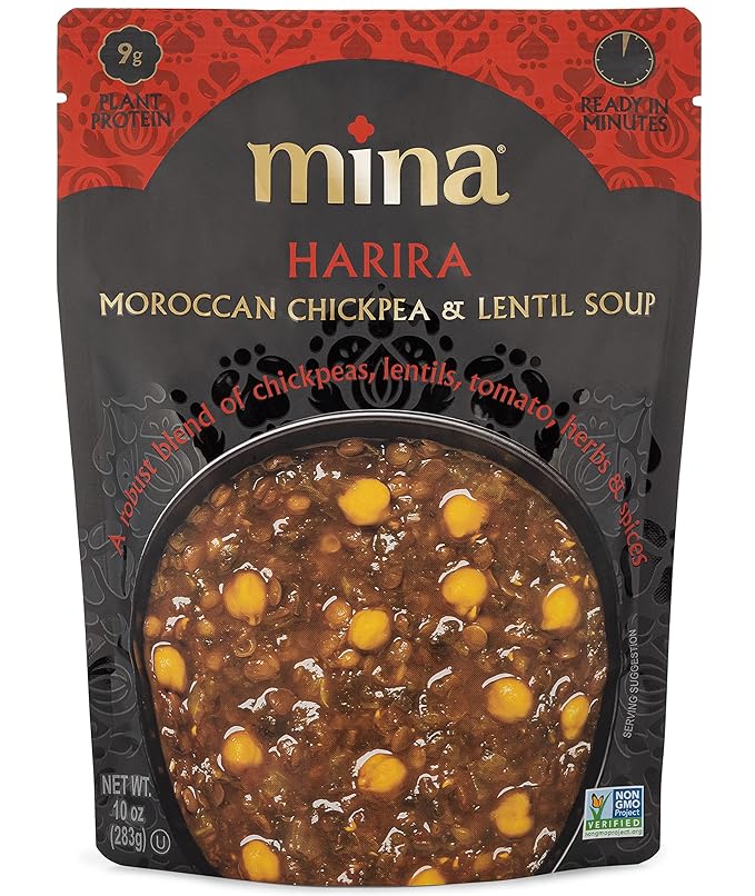 Mina Harira, Moroccan Chickpea & Lentil Soup, Ready to Eat Meals,10 oz Gluten Free Soup, High In Plant Based Protein, Microwavable Soup, Vegan, Non-GMO, Packaged Meals & Side Dishes (Pack of 6)