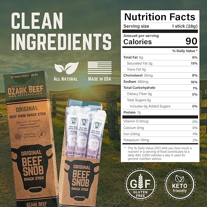 Beef Snob Snack Sticks - Original Flavor – High Protein, Sugar-Free, Keto & Gluten-Free Beef Jerky – 20 Count, 1 oz Each – Healthy On-the-Go Meat Snack