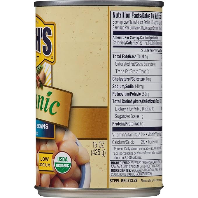 BUSH'S BEST Organic Garbanzo Beans Canned Beans, Organic Chick Peas, USDA Certified Organic, Source of Plant Based Protein and Fiber, Low Fat, Gluten Free (12)