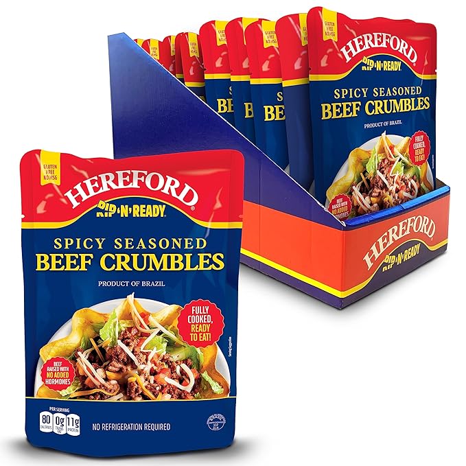 Hereford Spicy Seasoned Beef Crumbles | Shelf Stable | Halal | Fully Cooked | Ready-to-Eat | 12g of Protein per Serving | 6oz per Pouch (Case of 12)
